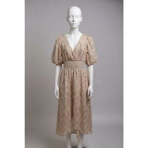 SO Floral Midi Dress Pink Cottagecore Soft Girl Puff Sleeve Smocked Waist S